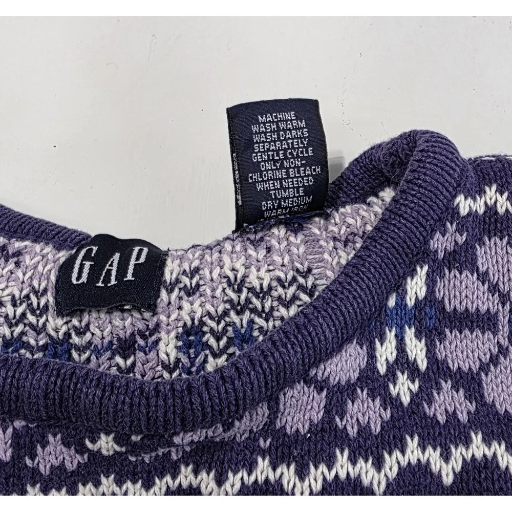 Vtg Gap Sweater Girls XS Purple Fair Isle Cotton Winter Pullover‎ Snowflake Knit
